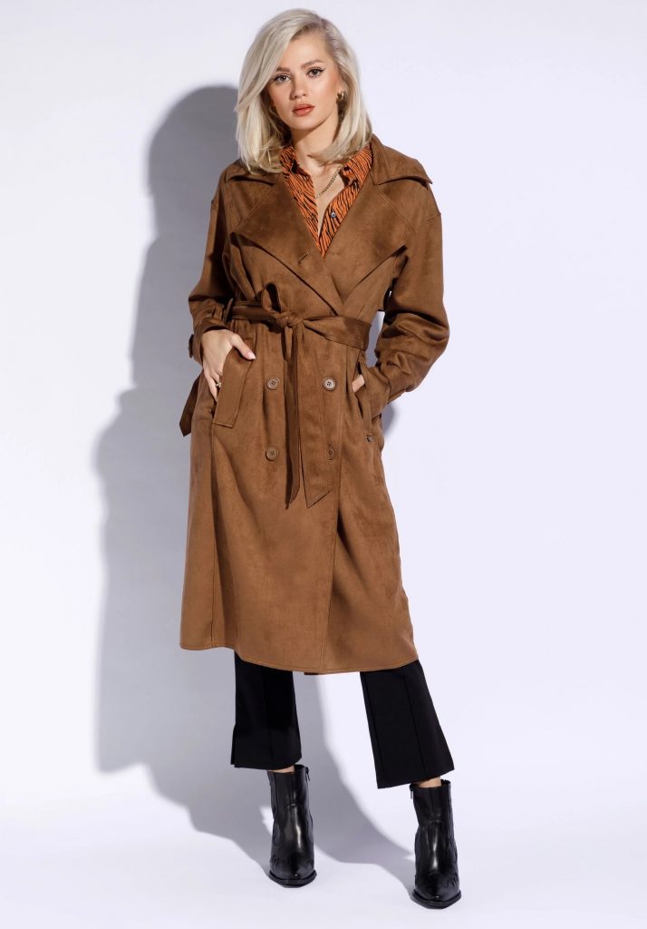 płaszcz z wiązaniem - brązowy z przeszyciami